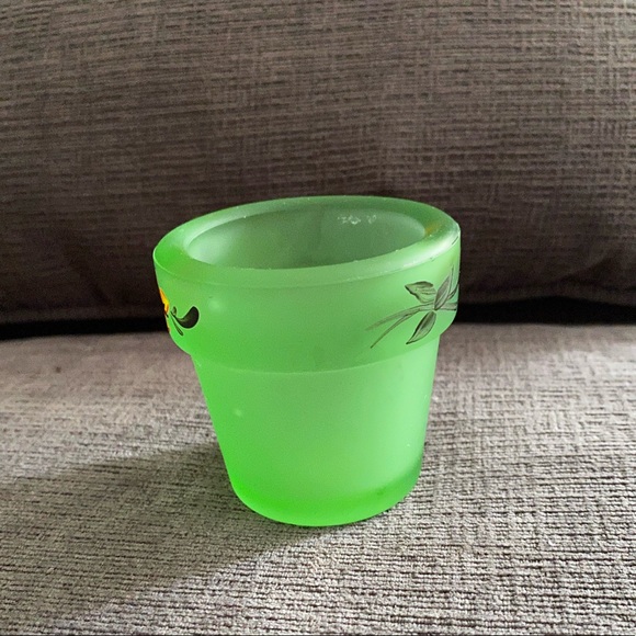 Vtg Frosted Green Confederate Glass Hand Painted Tealight Votive Candle Holder - Picture 4 of 9